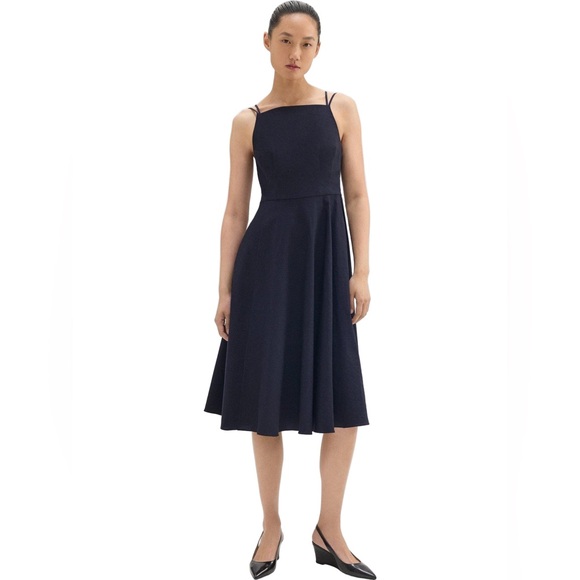 Theory Square Neck Good Linen Midi Dress Strappy Square Neck Navy Blue Size 2 - Picture 5 of 12